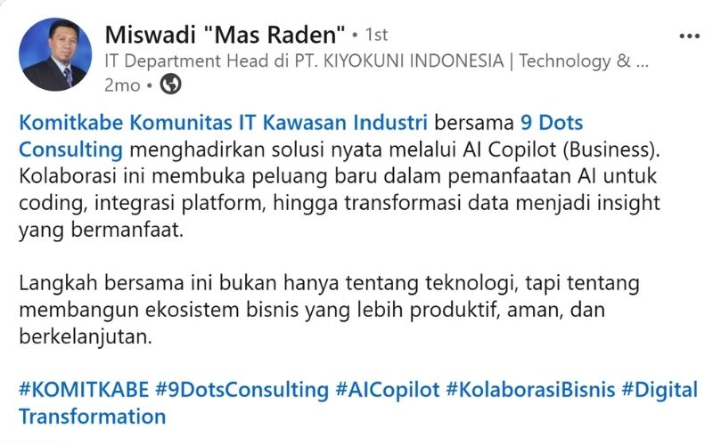 LinkedIn post by KOMITKABE highlighting its AI workshop with 9 Dots Consulting