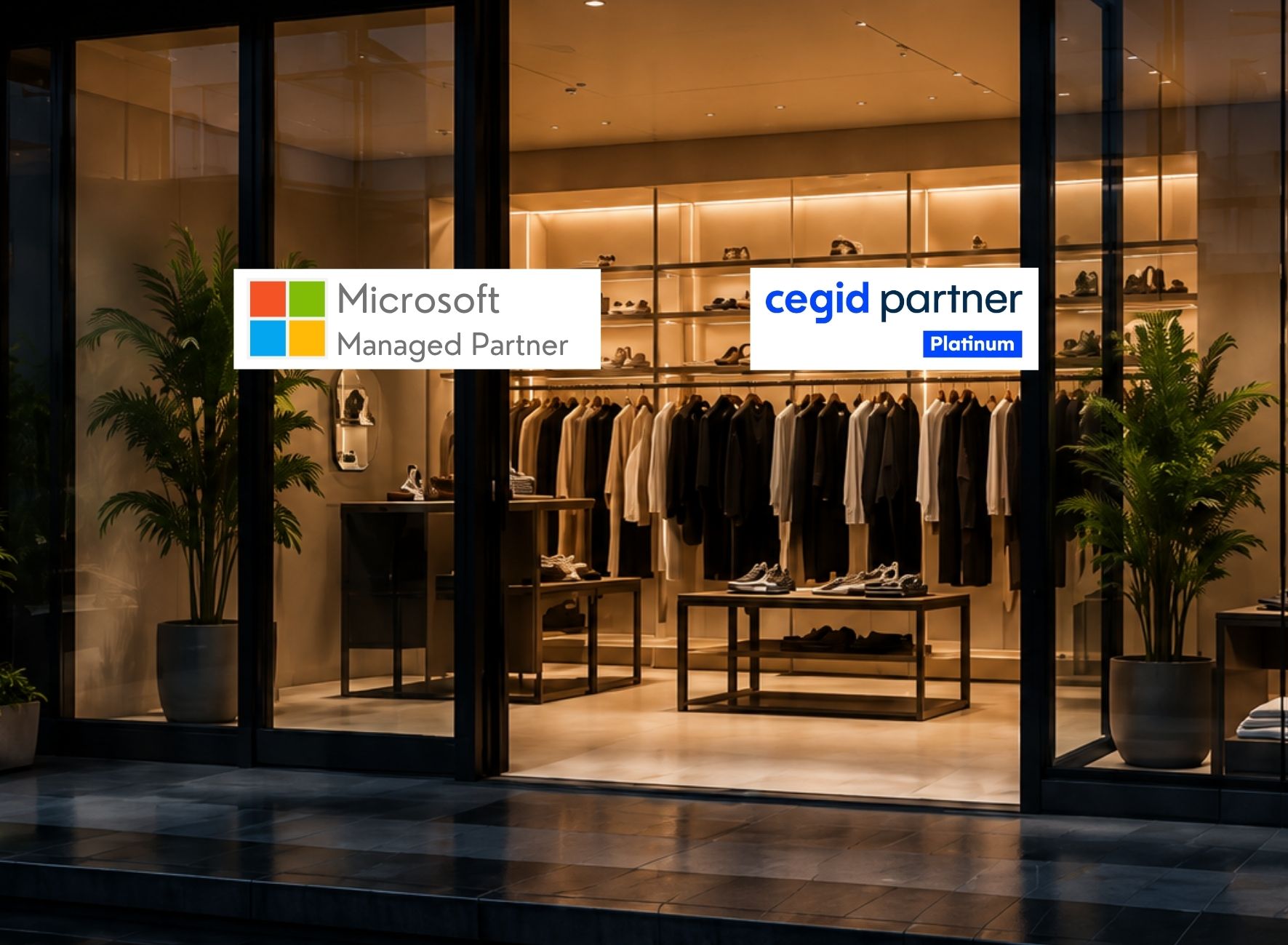 Luxury retail store showcasing 9 Dots Consulting as a Cegid Platinum Partner and Microsoft Managed Partner.