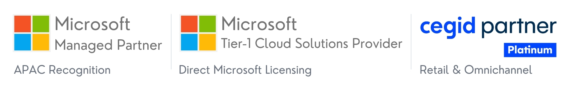 9 Dots Consulting partner credentials including Microsoft Managed Partner, Tier-1 Cloud Solutions Provider and Cegid Platinum Partner.