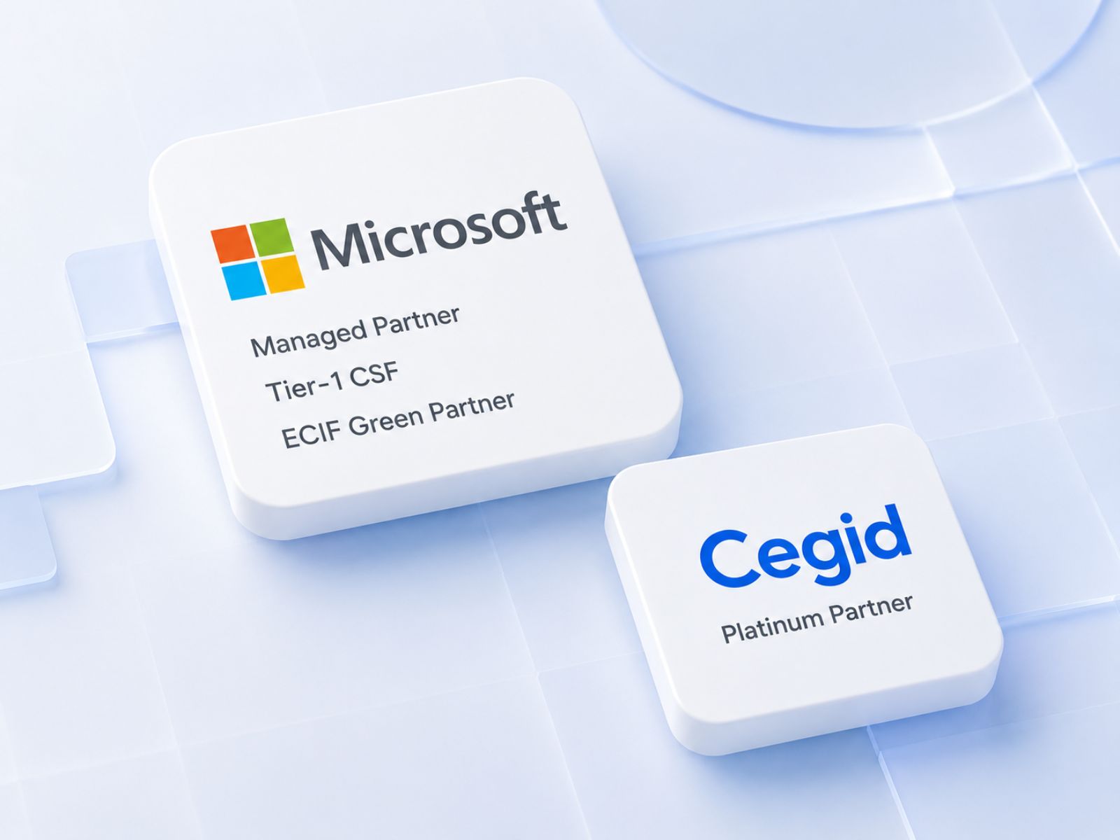 Microsoft Managed Partner, Tier-1 Cloud Solutions Provider, ECIF Green Partner and Cegid Platinum Partner accreditation badges with ERP implementation and project delivery experience across Asia-Pacific