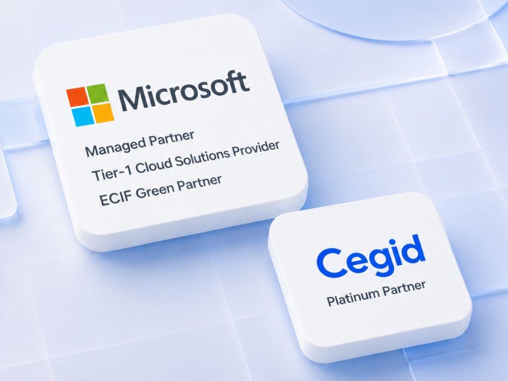Microsoft Managed Partner, Tier-1 Cloud Solutions Provider, ECIF Green Partner and Cegid Platinum Partner accreditation badges with ERP implementation and project delivery experience across Asia-Pacific