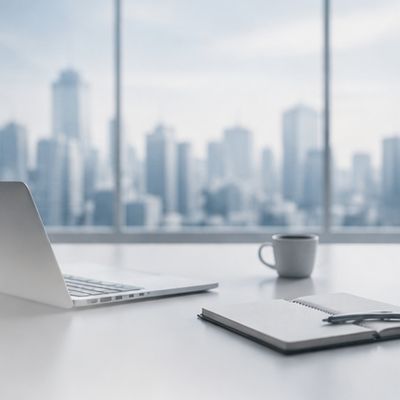 Laptop and notebook on a desk overlooking a modern city skyline.