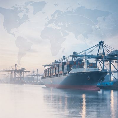 Container ship and cargo cranes at a commercial shipping port