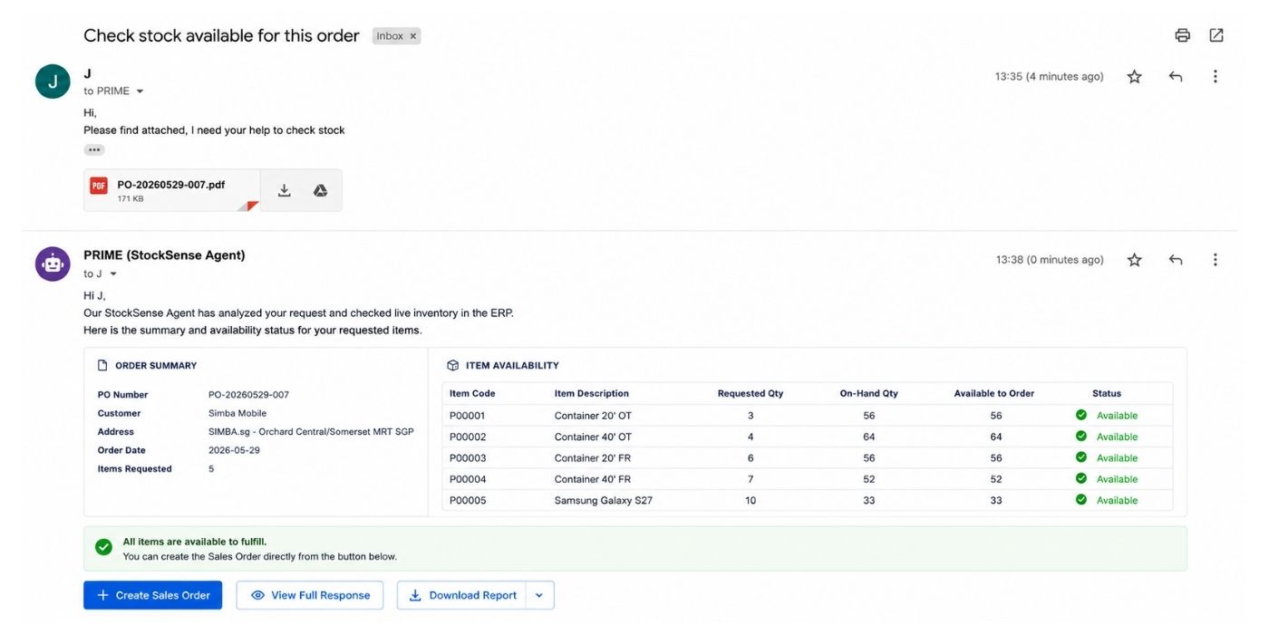 PRIME StockSense Agent automatically checks customer order requests against live ERP inventory, confirms stock availability and prepares the sales order.