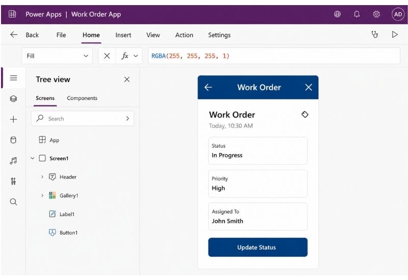 Microsoft Power Apps Canvas App designer showing a custom Work Order application with drag-and-drop editing and mobile interface preview.