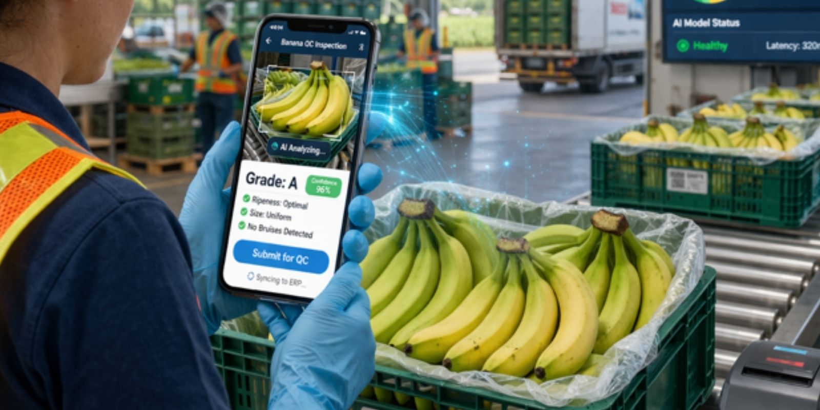 PRIME Visual Grading Agent analysing bananas during receiving inspection and sending the grading result to the ERP