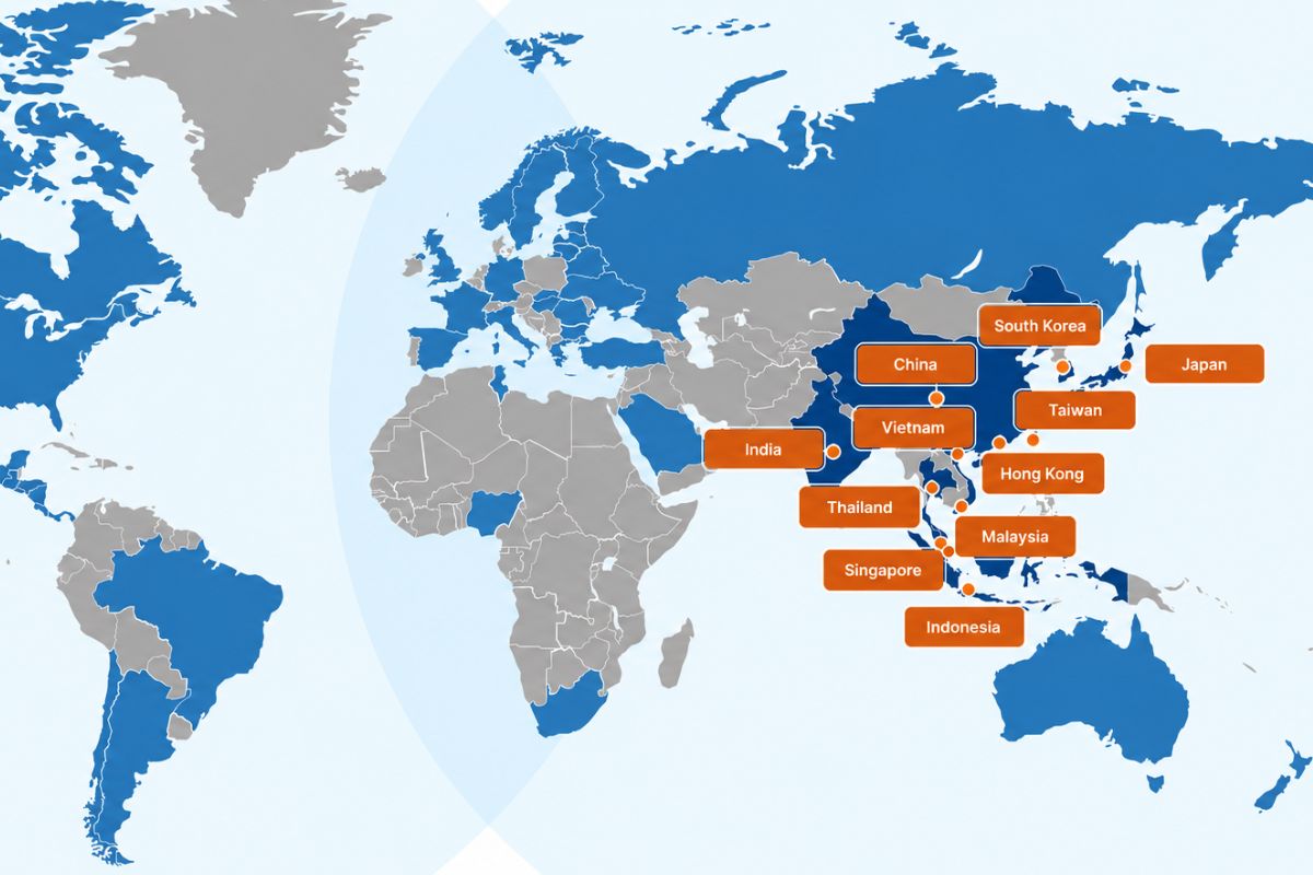 World map with orange labels marking 9 Dots Consulting customer locations, mostly across Asia-Pacific.
