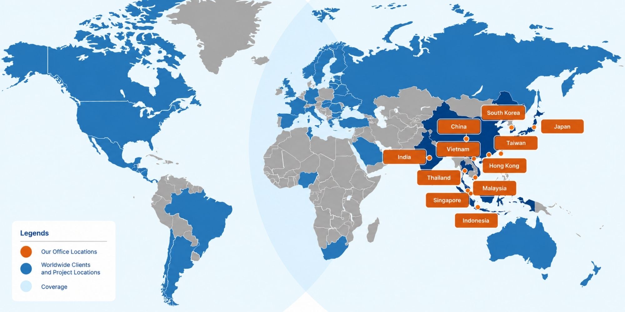 Map of Asia-Pacific showing 9 Dots Consulting offices and client project locations