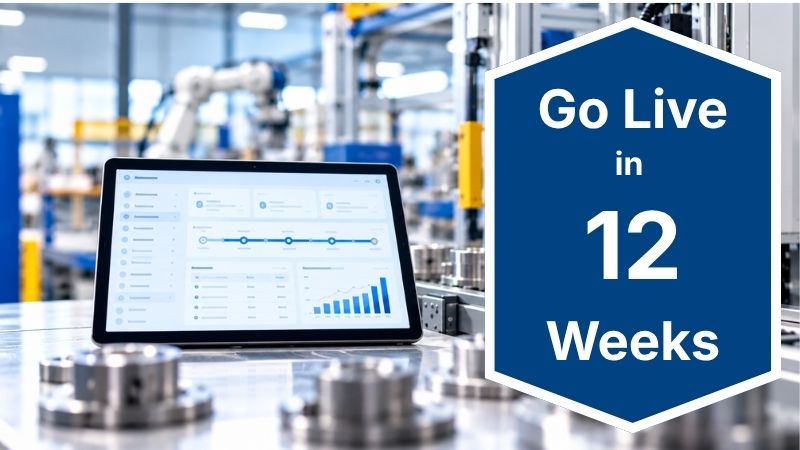 Gears on a production line with a tablet chart, with a badge showing Jumpstart Assembly goes live in 12 weeks
