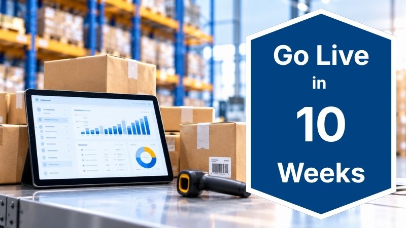 Warehouse shelves with boxes and a tablet checklist, with a badge showing Jumpstart Trade goes live in 10 weeks