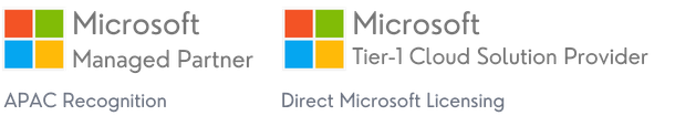Microsoft Managed Partner badge for APAC recognition, beside the Microsoft Tier-1 Cloud Solution Provider badge for direct Microsoft licensing.
