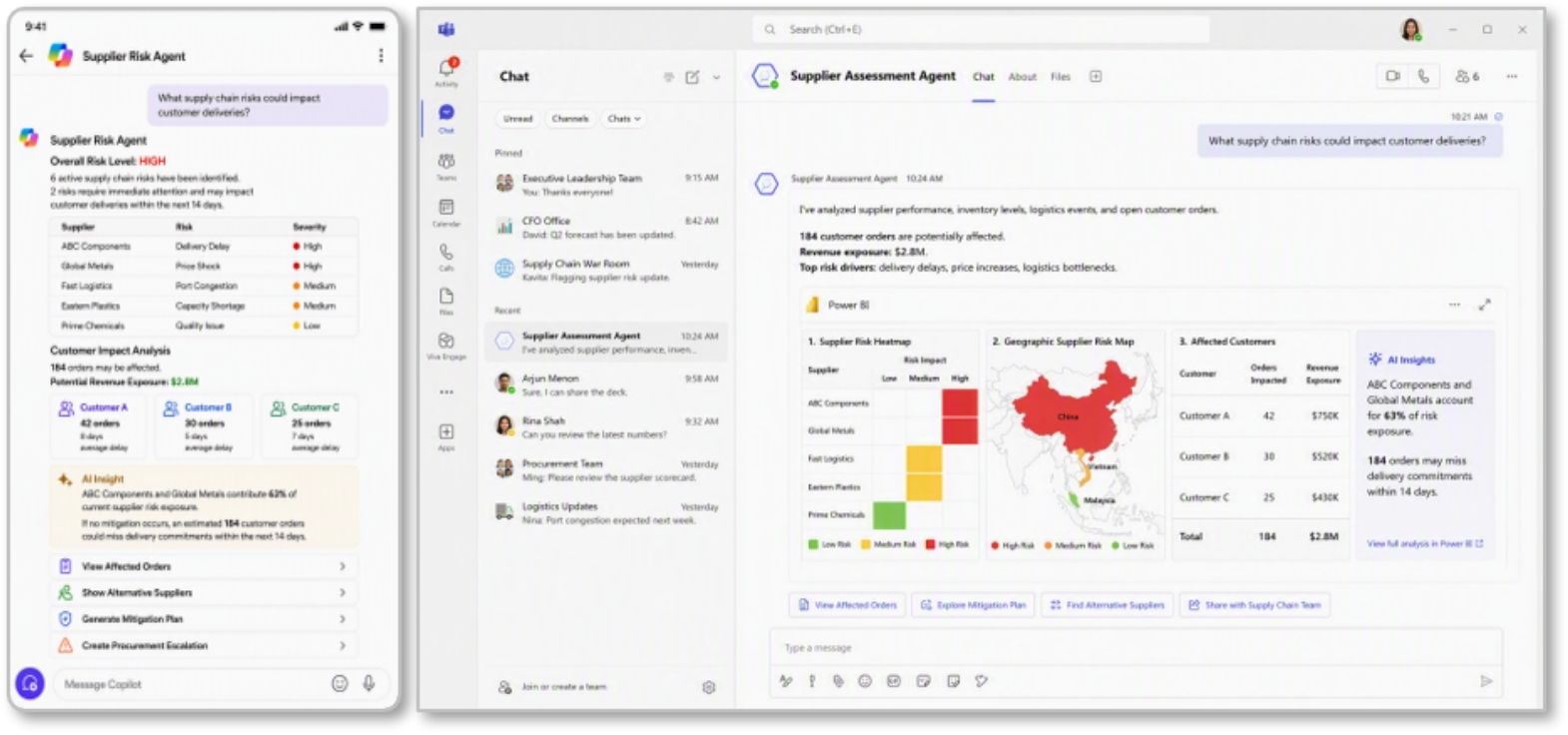 Supplier Risk Agent in Microsoft Teams showing a supplier risk heatmap, a risk map and the customers affected